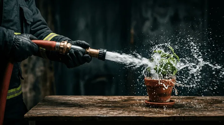 Feuerwehrschlauch richtet einen Wasserstrahl auf eine kleine Zimmerpflanze in einem Tontopf