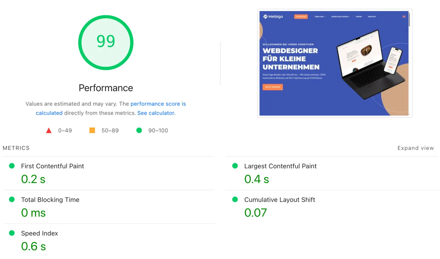 Google PageSpeed-Ergebnis für webigo.io