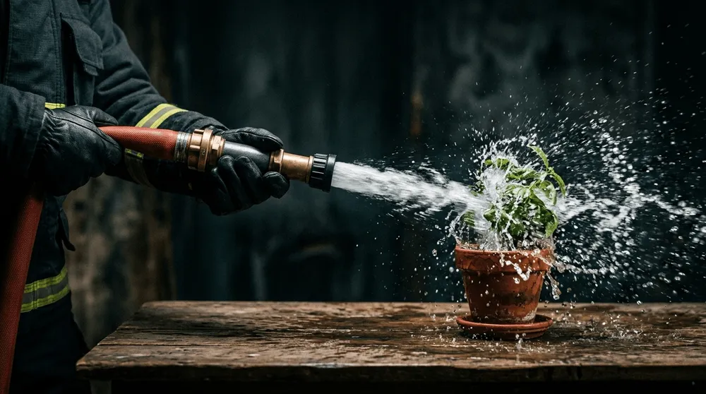 A fire hose directing a jet of water at a small houseplant in a terracotta pot